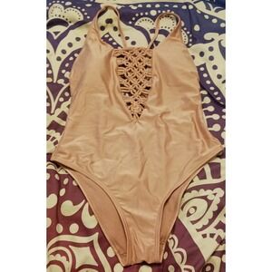 TiniBikini Sexy Blush Pink Deep V Woven Design One Piece Swimsuit,‎ Size XS